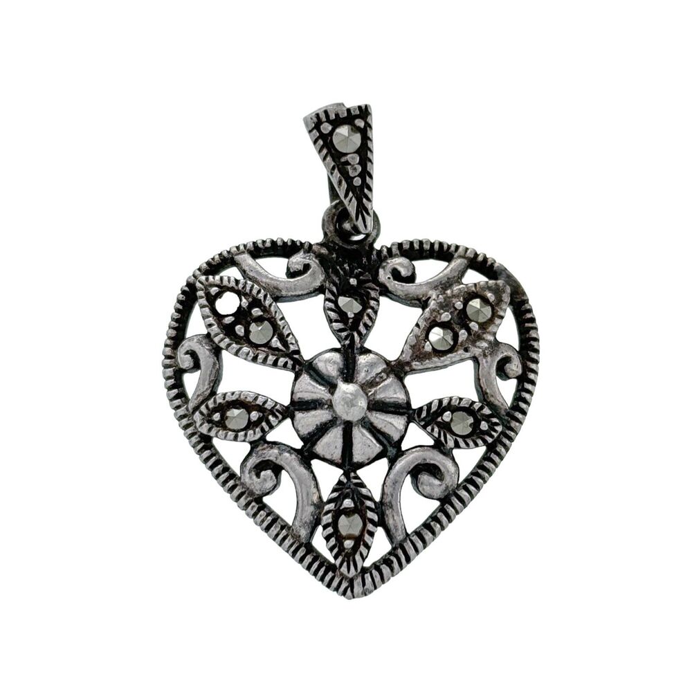 Estate Sterling Silver 925 Milgrain Scroll Marcasite Open Heart Pendant